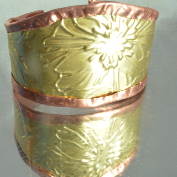 Rustic Brass Copper Cuff Bracelet Wide Floral Cowboy Gift Unisex Rustic Handmade - Picture 6 of 12